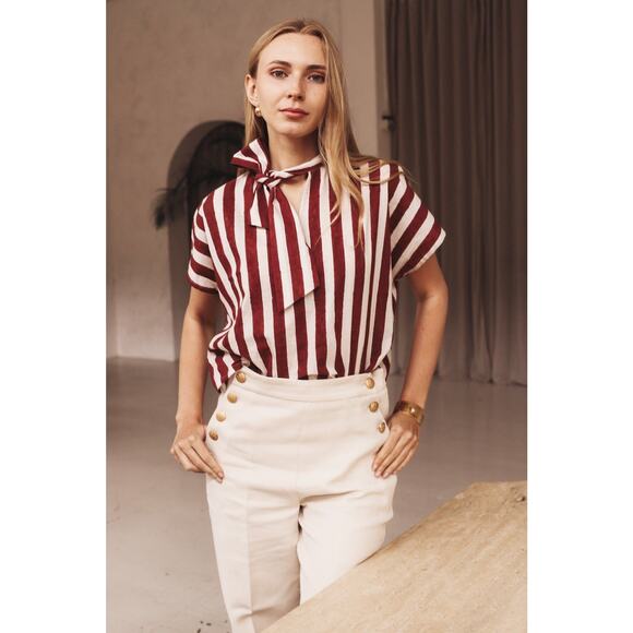 NWT Malabar Collective Red White Stripe MIA Shirt Tie Neck XS/s - Picture 1 of 3